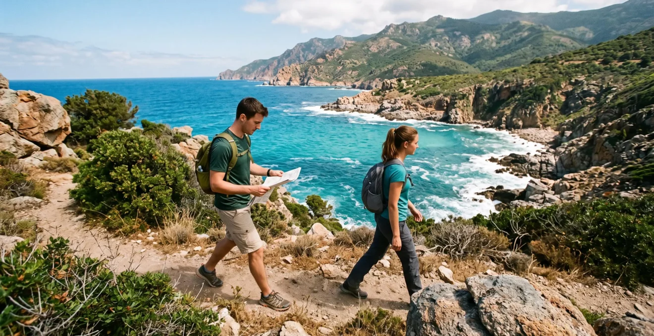 Deux randonneurs marchent sur un sentier côtier au-dessus d'une crique corse.
