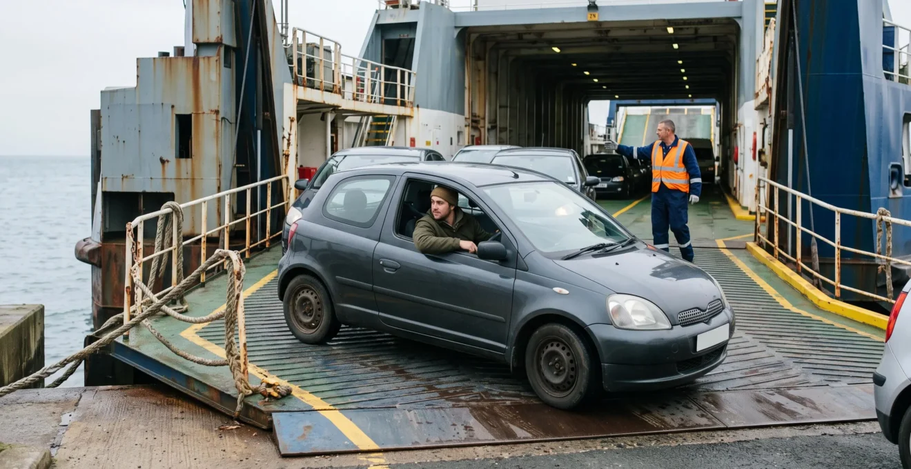 Un automobiliste embarque sa voiture dans un ferry pour la Corse.